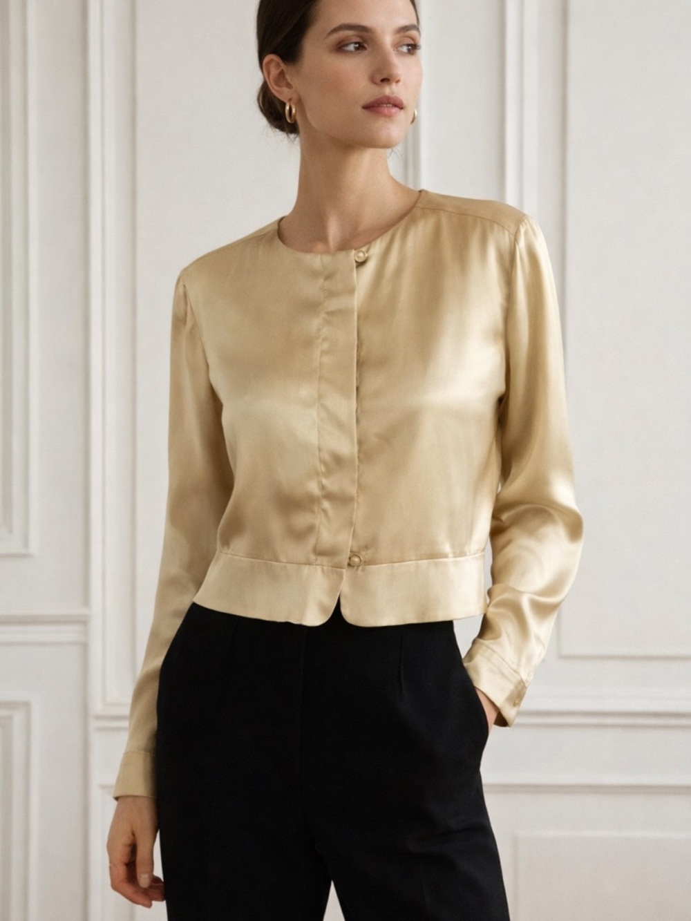 Vintage 90’ Gold Satin Button Blouse Chic Old Money Capsule Top M Quiet Luxury